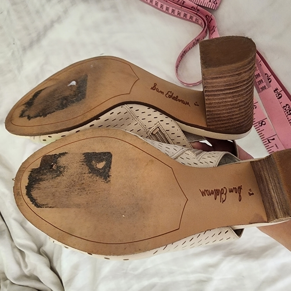 Sam Edelman Ennette Perforated Sand Color Leather Sandals 4" Heel size 8.5 - Picture 6 of 7